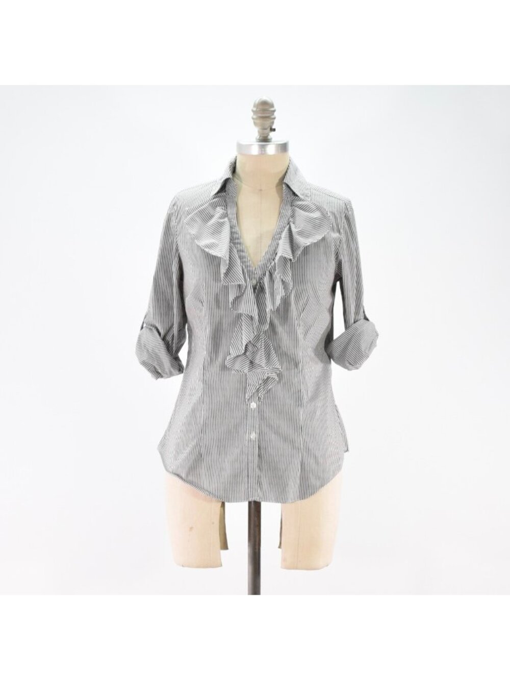 White House Black Market Gray Pinstripe Ruffle Collar Button-Up Blouse
